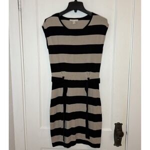 Banana Republic Womens XS Black Tan Striped Cotton Knit Sleeveless Sheath Dress